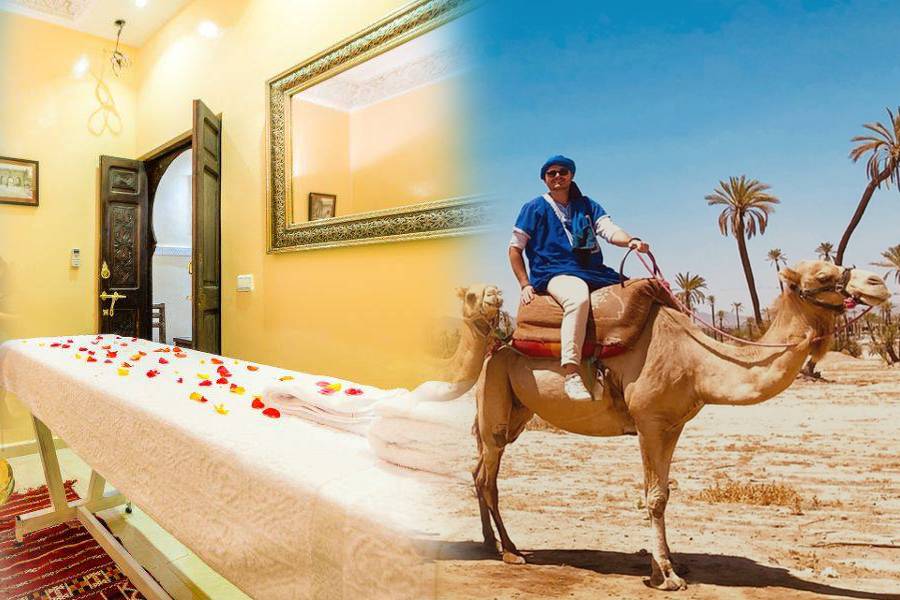 trattamento spa e un fantastico giro in cammello nell'oasi palmeraie