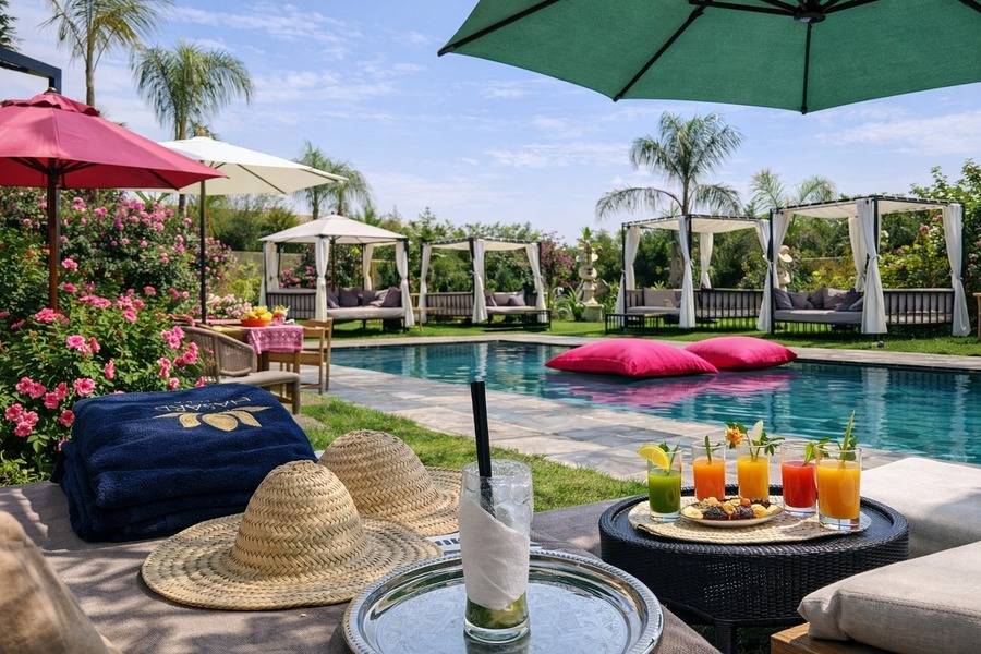 Marrakech: Volo in mongolfiera all'alba, giornata in piscina e pranzo