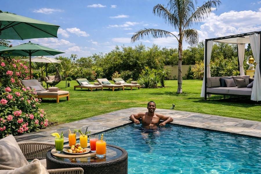 Marrakech: Volo in mongolfiera all'alba, giornata in piscina e pranzo
