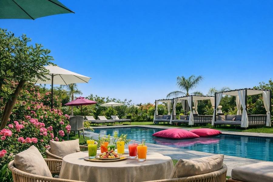 Marrakech: Volo in mongolfiera all'alba, giornata in piscina e pranzo